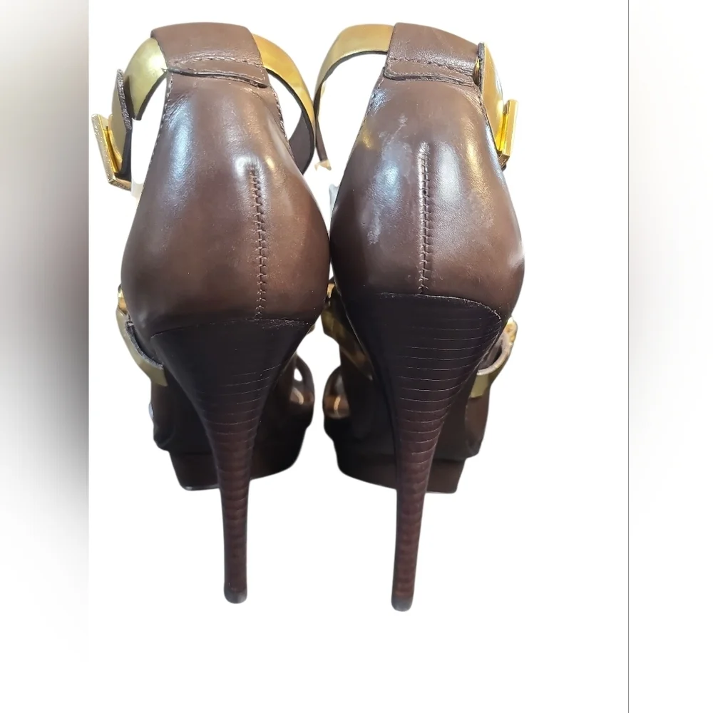 Tory Burch Gold and Brown Strappy Heels